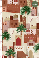 Digitally Printed Fabric with a Middle Eastern Inspiration, Palm Trees and Houses Pattern